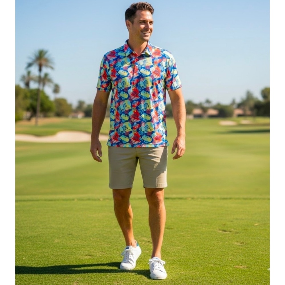 Hreski Performance Golf Polo‎ Shirt Abstract Geometric Print Large Loud Casual